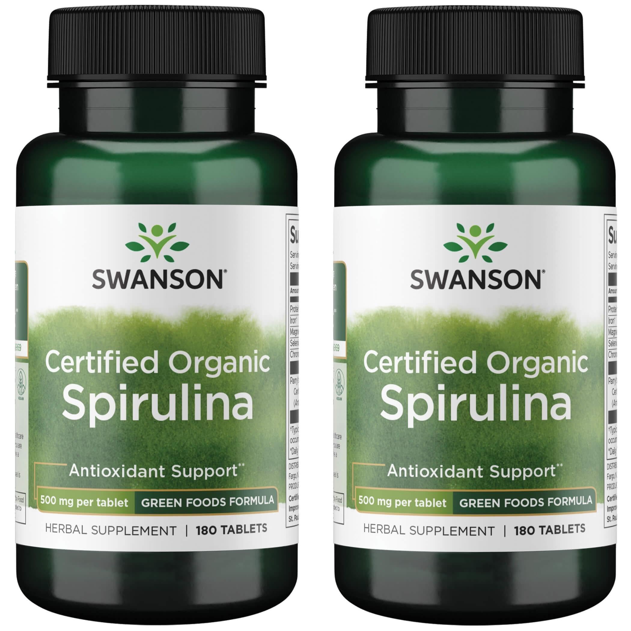 Swanson Spiruline biologique, comprimés 500 mg, 180 unités, soutien antioxydant et énergie durable.