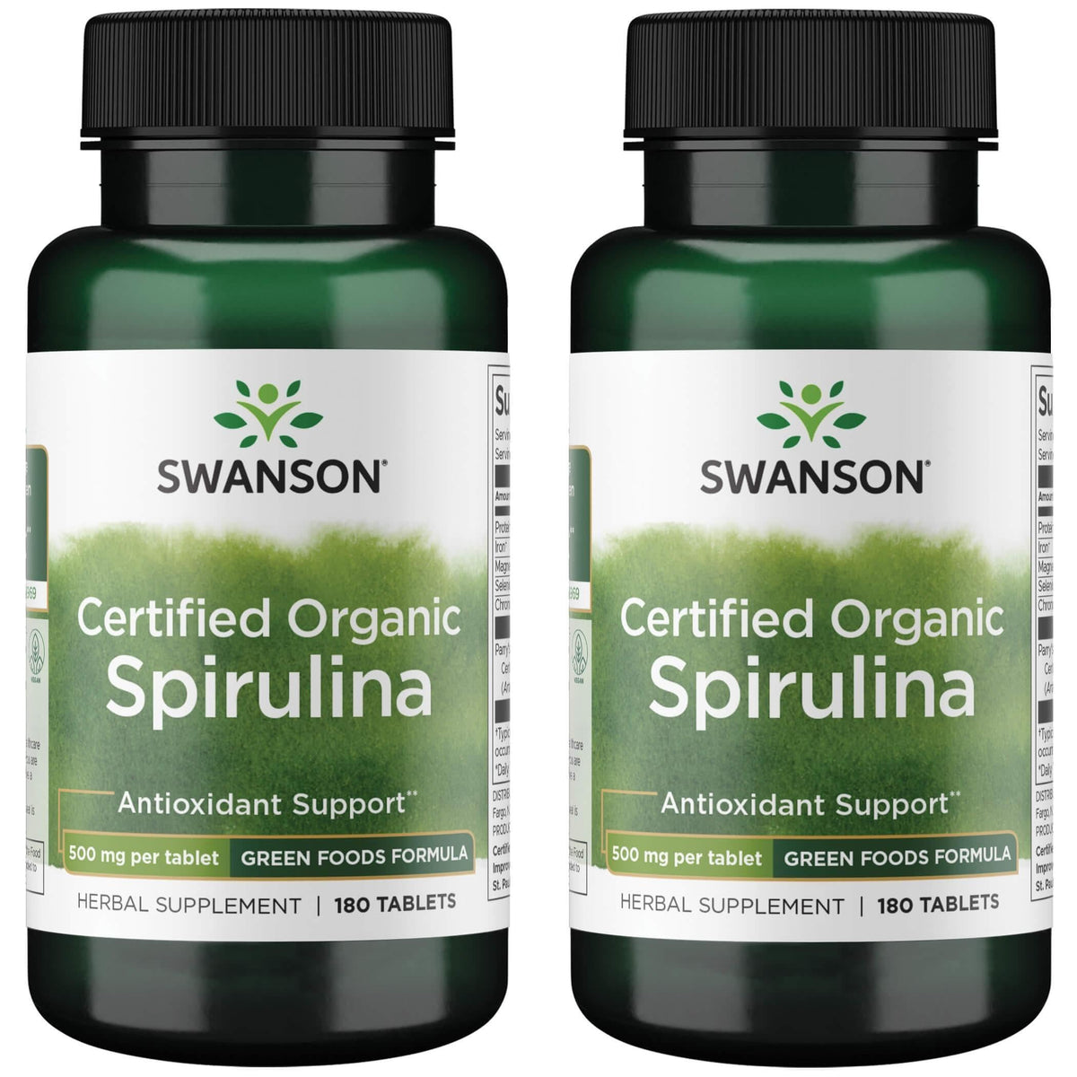 Swanson Spiruline biologique, comprimés 500 mg, 180 unités, soutien antioxydant et énergie durable.