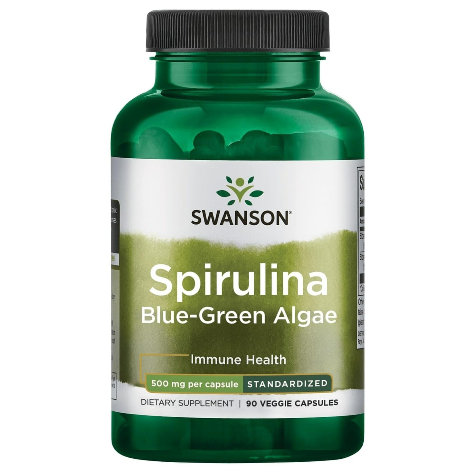 Swanson Spiruline en bouteille avec 90 gélules végétales, prête à intégrer votre routine.