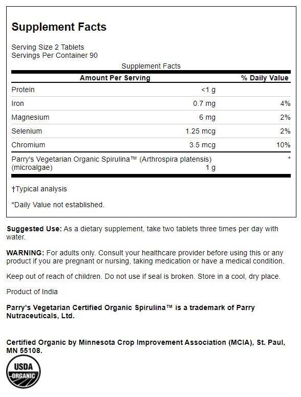 Swanson spiruline étiquette bouteille, bio et origine organique affichées
