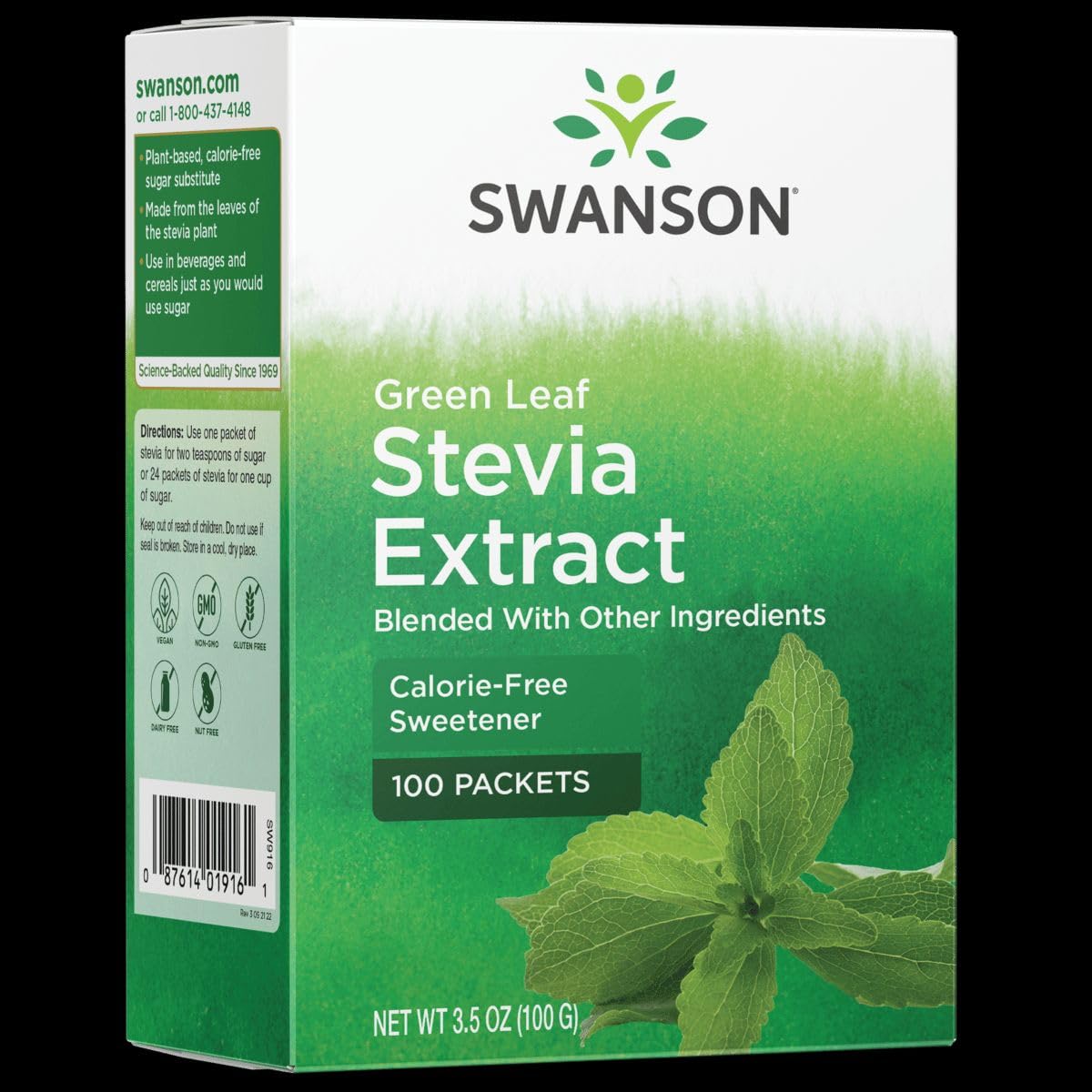 Swanson Extrait Stevia Feuilles Paquets: substitut naturel et sans calories.