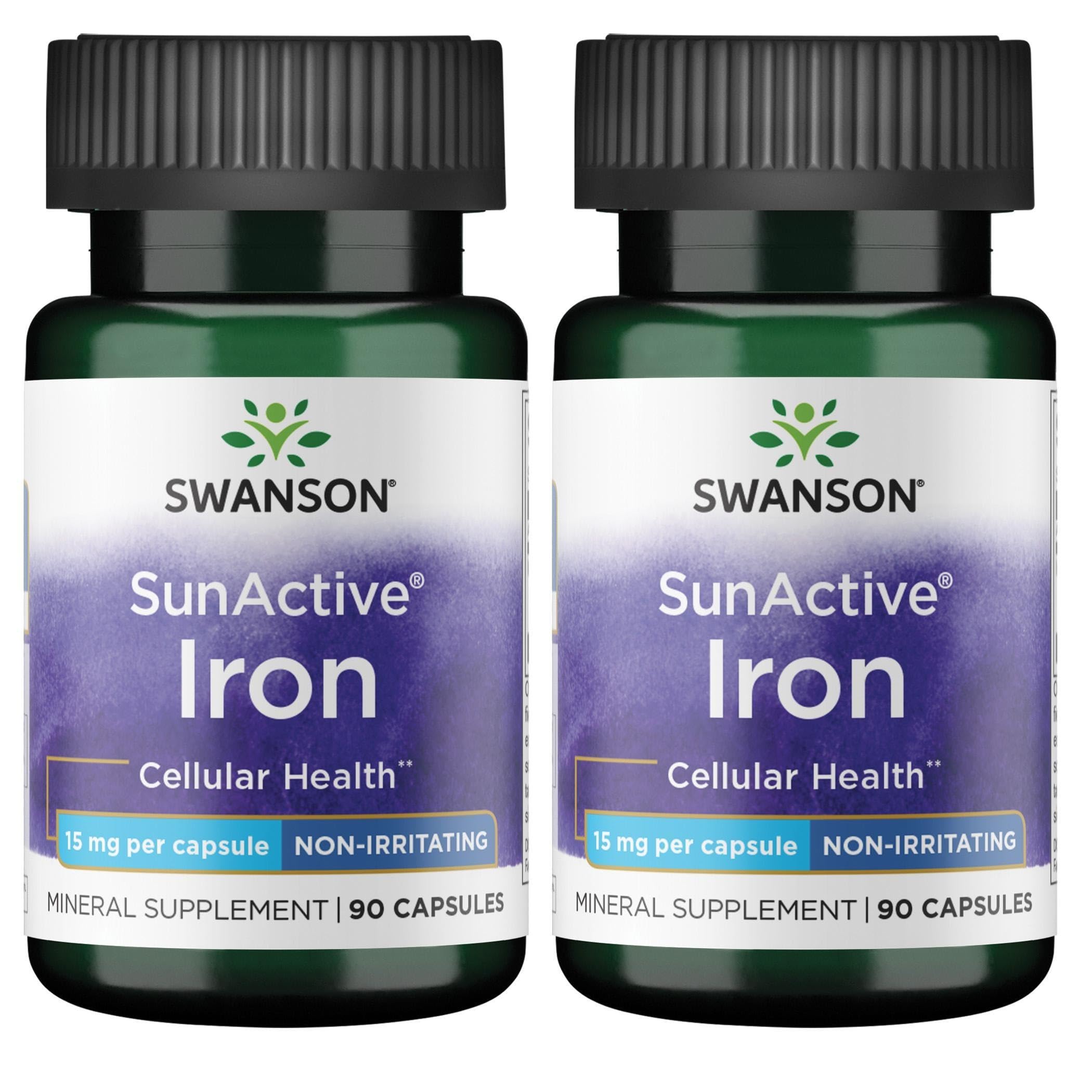 Swanson Sunactive Fer non irritant, bouteille 90 capsules, soutien potentiel de l'énergie quotidienne.