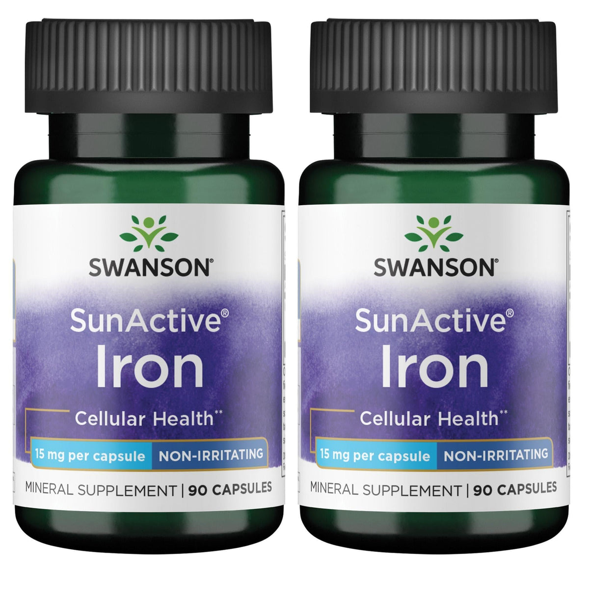 Swanson Sunactive Fer non irritant, bouteille 90 capsules, soutien potentiel de l'énergie quotidienne.