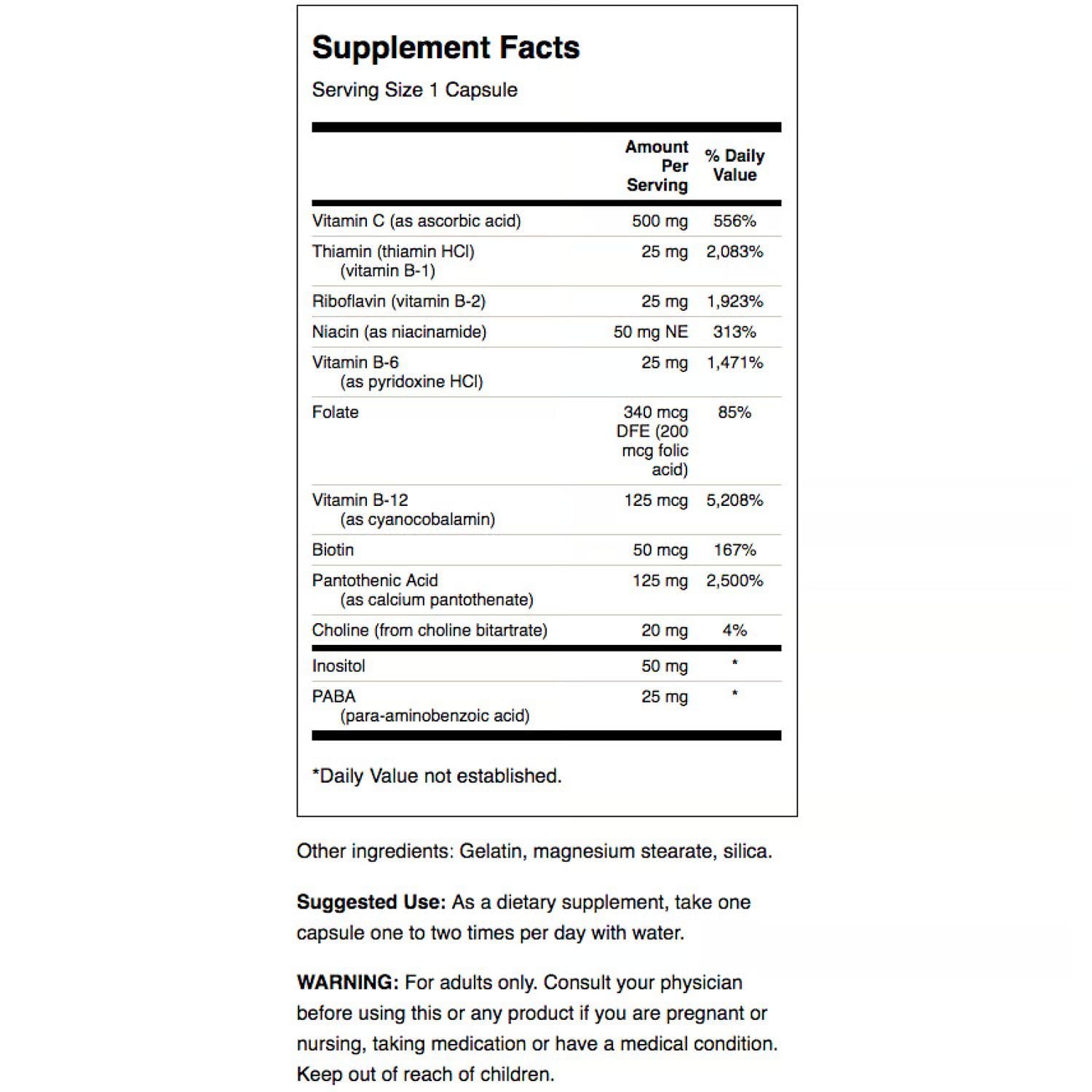 Swanson Super Stress B-Complex etiquette-produit formulation B vitamines pour le bien-être.