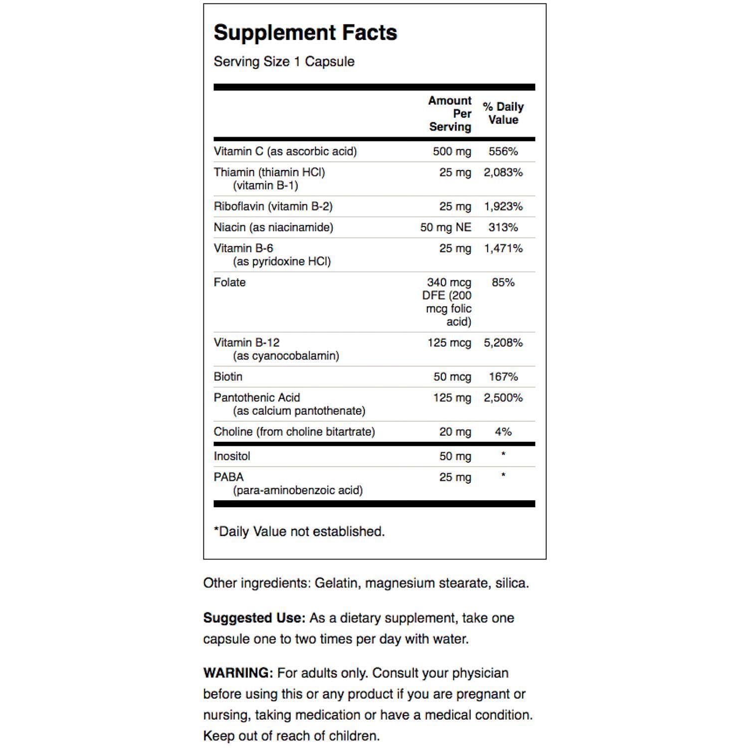 Swanson Super Stress B-Complex, liste-ingrédients détaillée, formulations vitaminées pour le bien-être.
