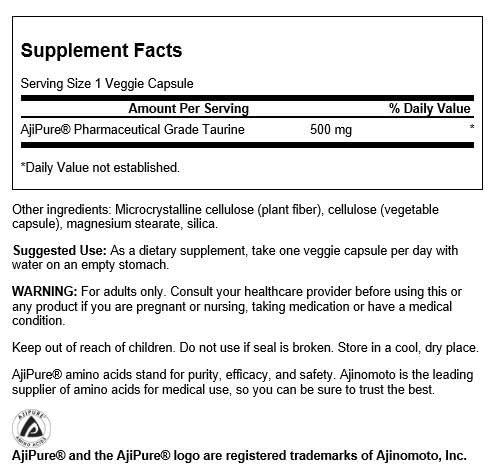 Etiquette Swanson Taurine Ajipure, dosage 500 mg par capsule, forme végétale, usage quotidien recommandé.