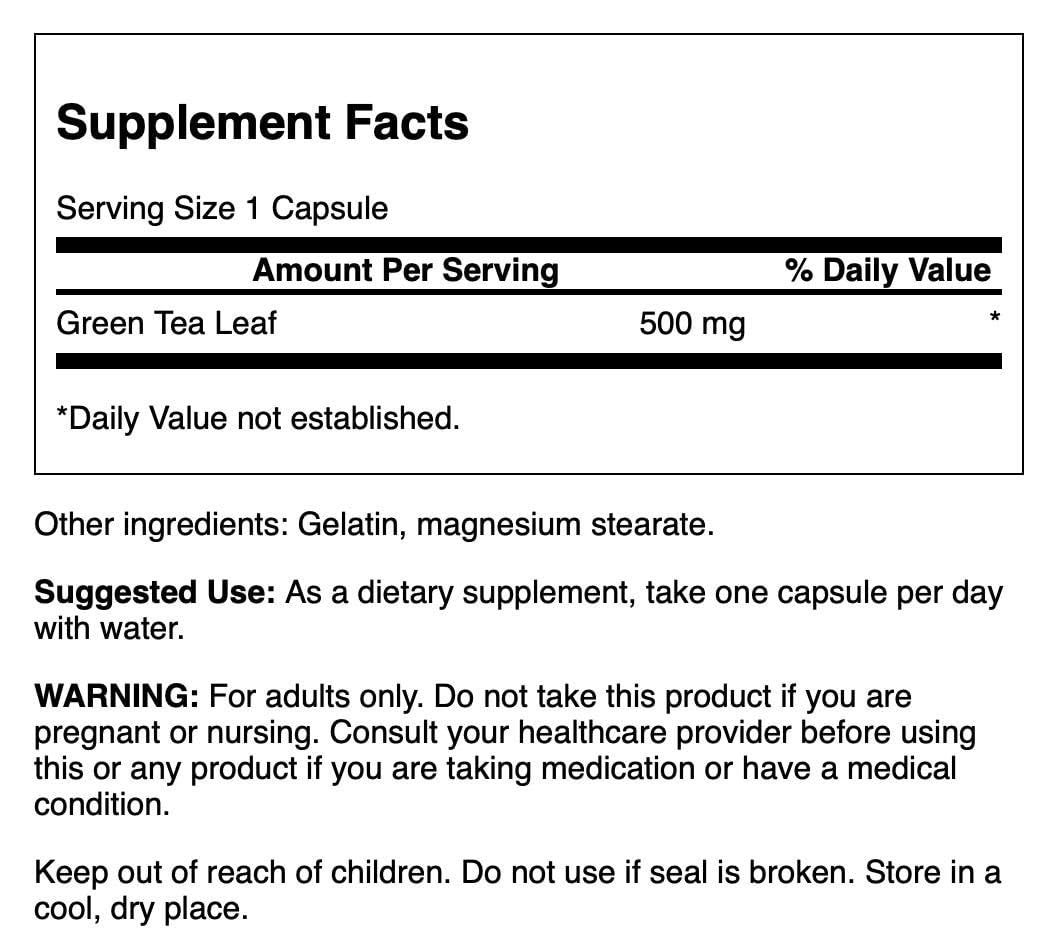 Swanson Thé Vert 500 mg – capsules vertes, soutien potentiel pour énergie et clarté.
