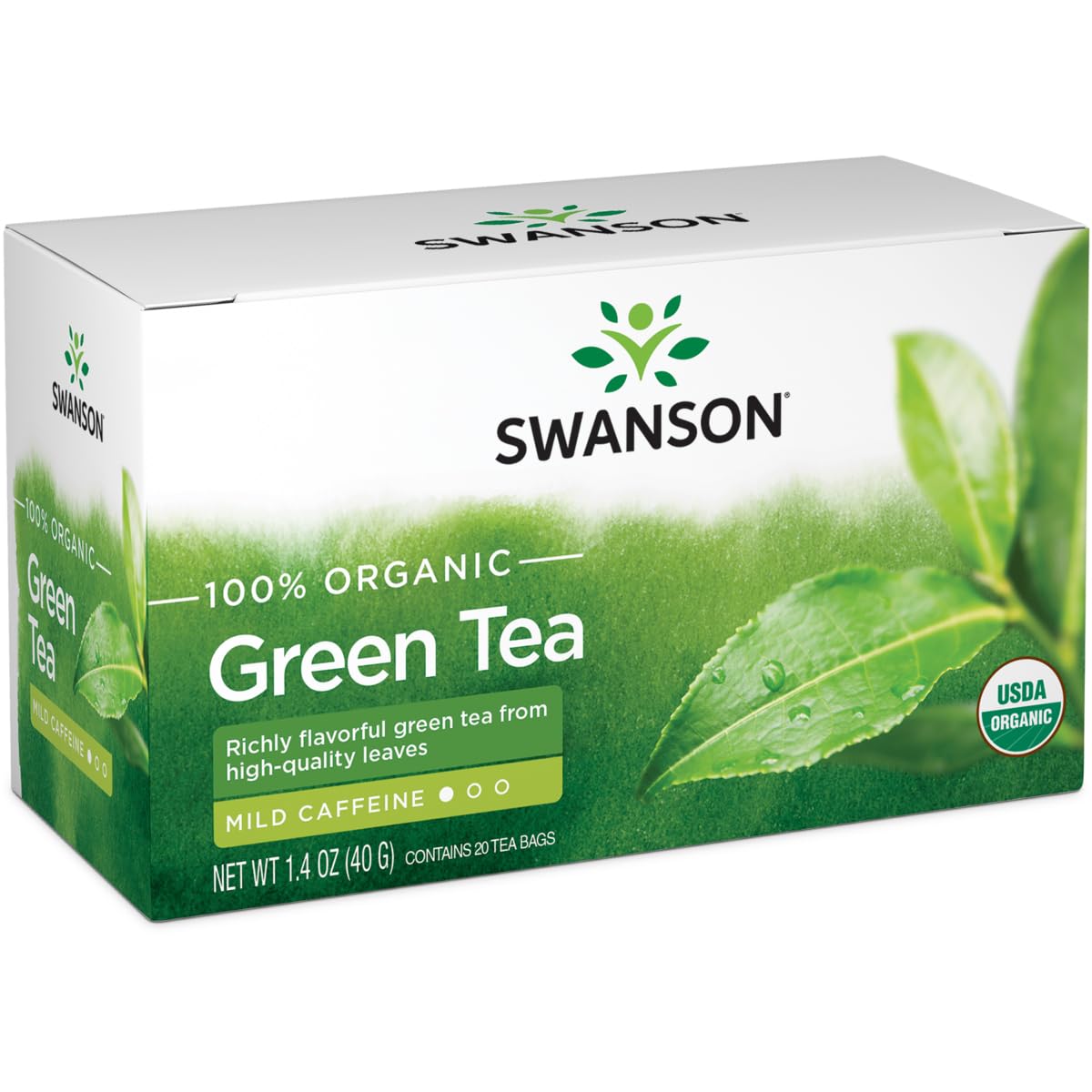 Swanson thé vert bio — paquet pour infusions naturelles et énergie douce.