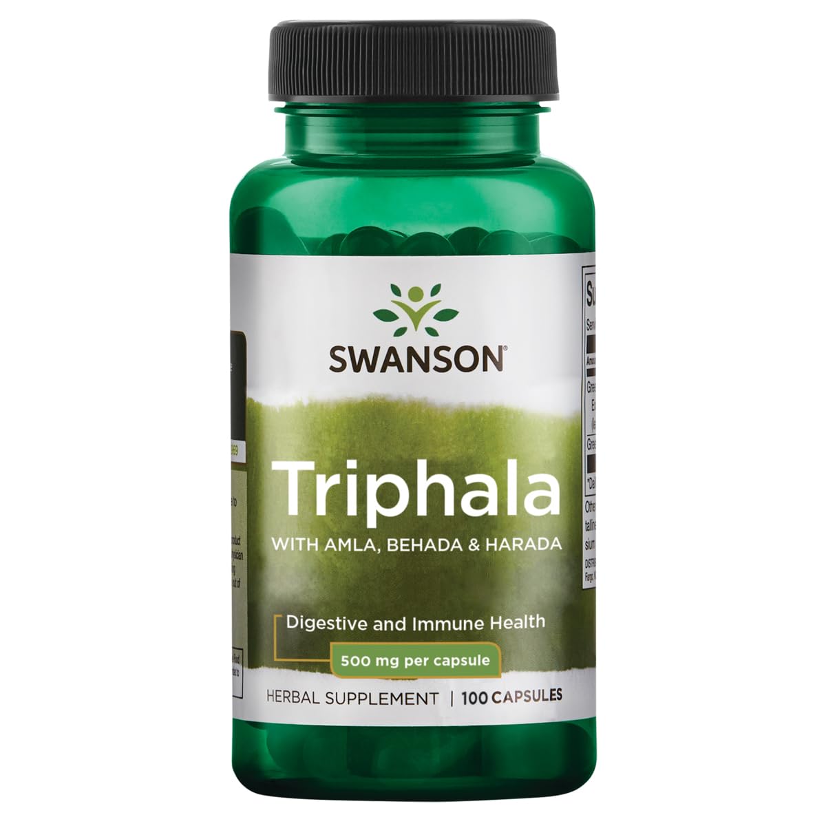 Swanson Triphala détox: bouteille de capsules prête pour une digestion équilibrée.