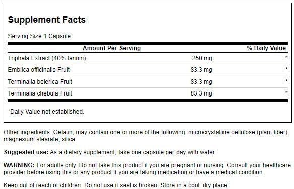 Swanson Triphala standardisé, flacon-capsules pour usage quotidien, confort digestif et détox légère.