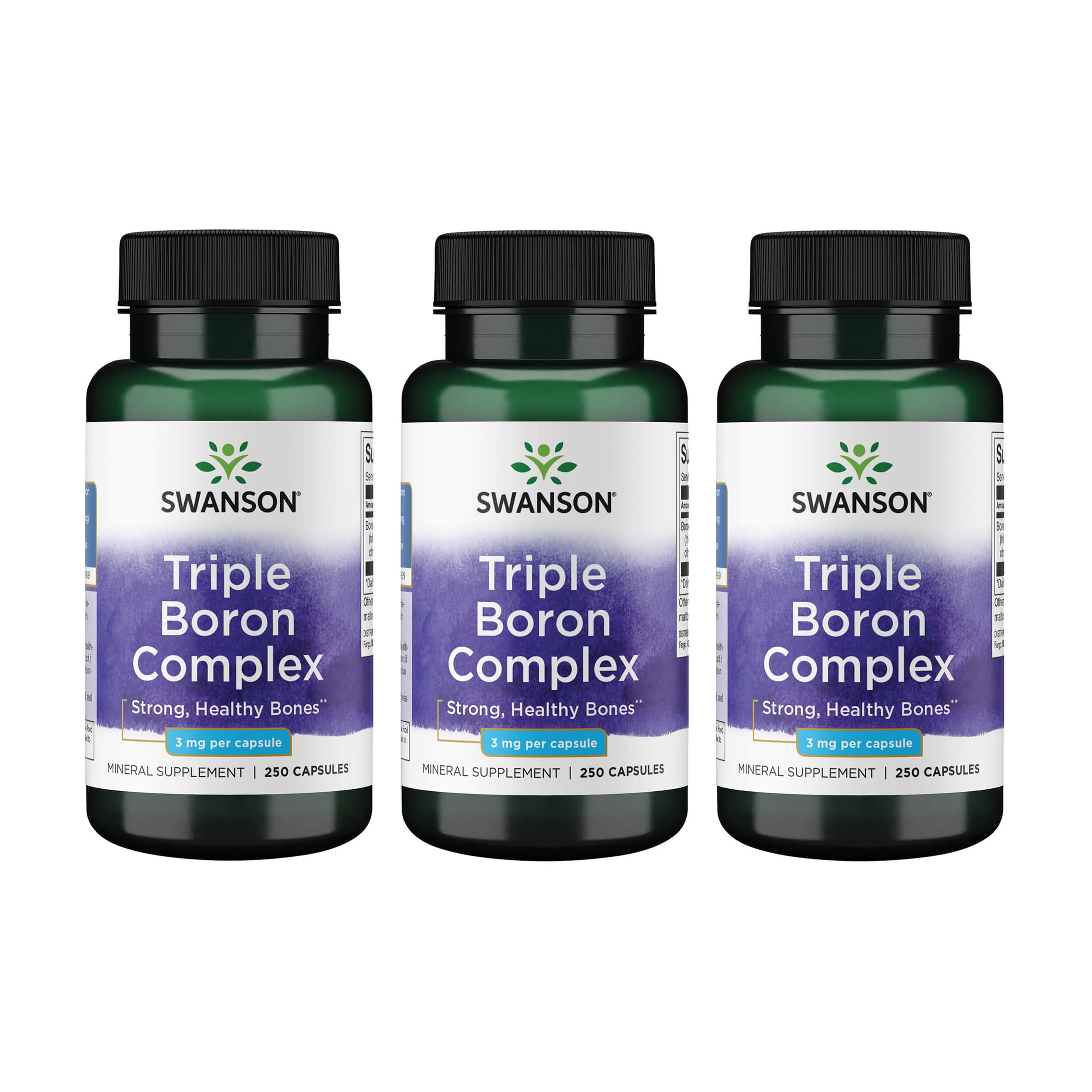 Swanson Triple Boron Complex – bouteille affichant l’étiquette, soutien potentiel des os et des articulations