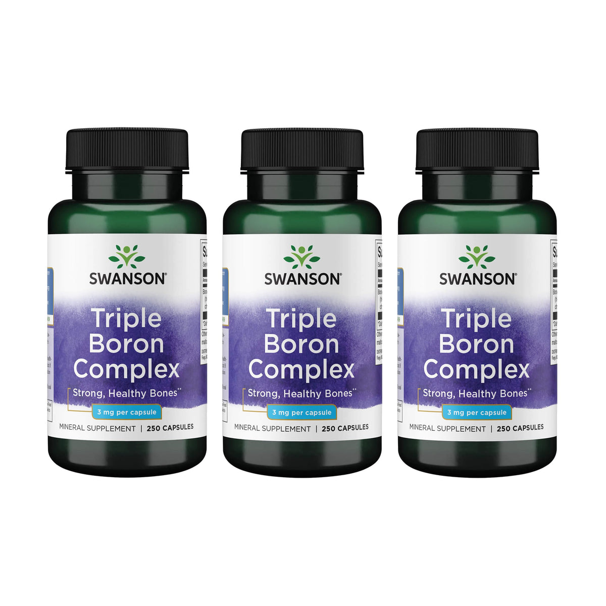 Swanson Triple Boron Complex – bouteille affichant l’étiquette, soutien potentiel des os et des articulations