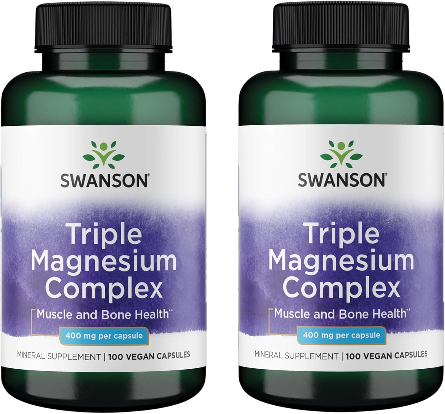 Swanson Triple Magnésium Complex, bouteille et capsules, soutien potentiel au quotidien.