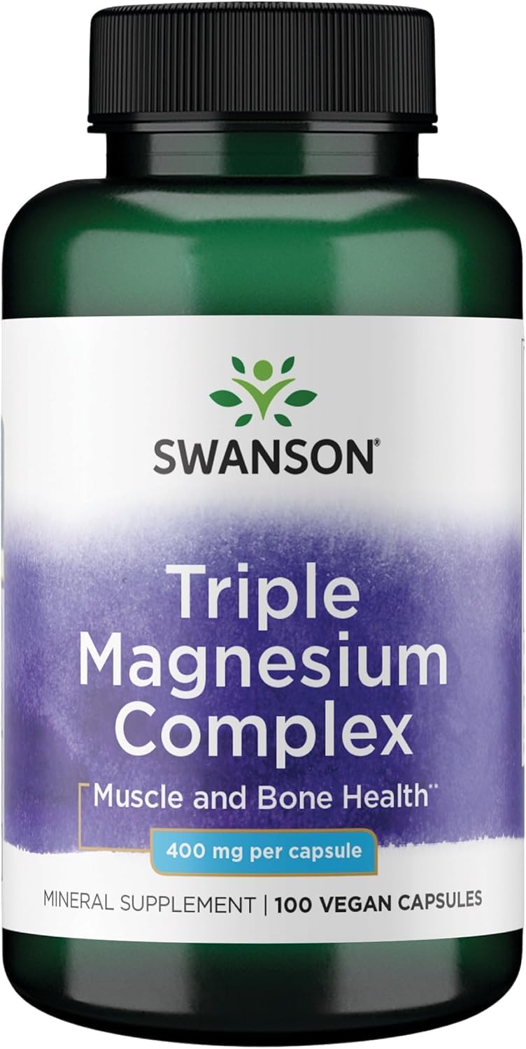 Swanson Triple Magnésium Complex, bouteille 400 mg, soutien potentiel à l’énergie et au bien-être.
