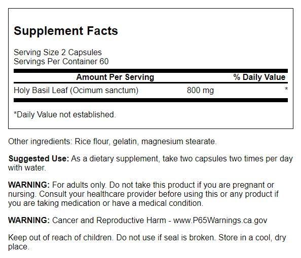 Swanson Tulsi bouteille de 120 capsules, format pratique pour la routine.