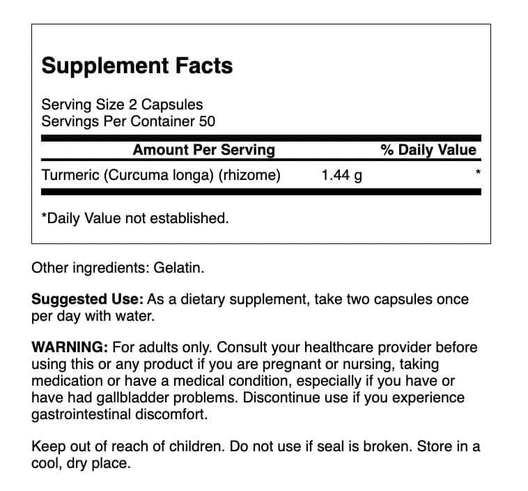 Gros plan sur les gélules Swanson Turmeric, formule spectre complet.