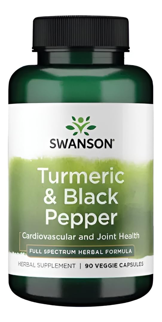 Swanson Turmeric & Black Pepper – bouteille de gélules pour soutien potentiel digestion et circulation.