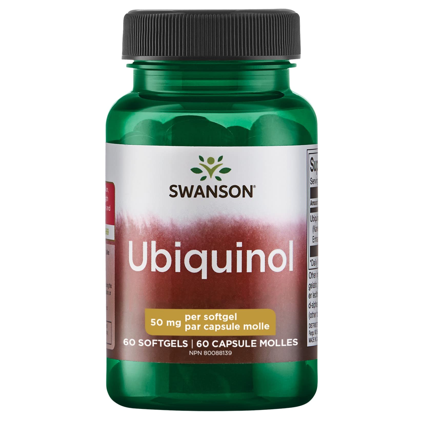 Gélules Swanson ubiquinol 50 mg dans la boîte, soutien potentiel à l'énergie cellulaire.