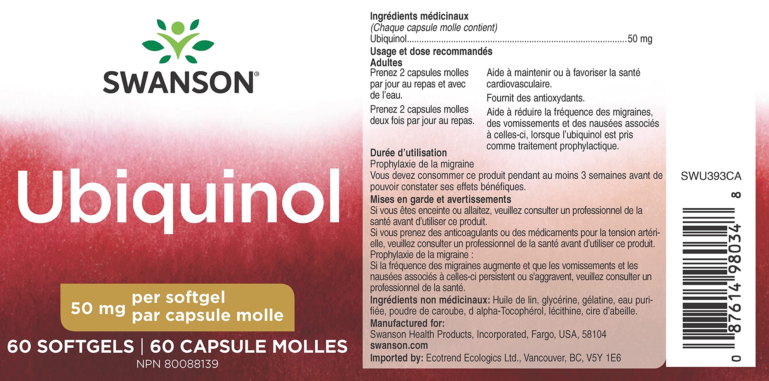 Boîte Swanson ubiquinol 50 mg ouverte, accès rapide à une dose quotidienne pratique.