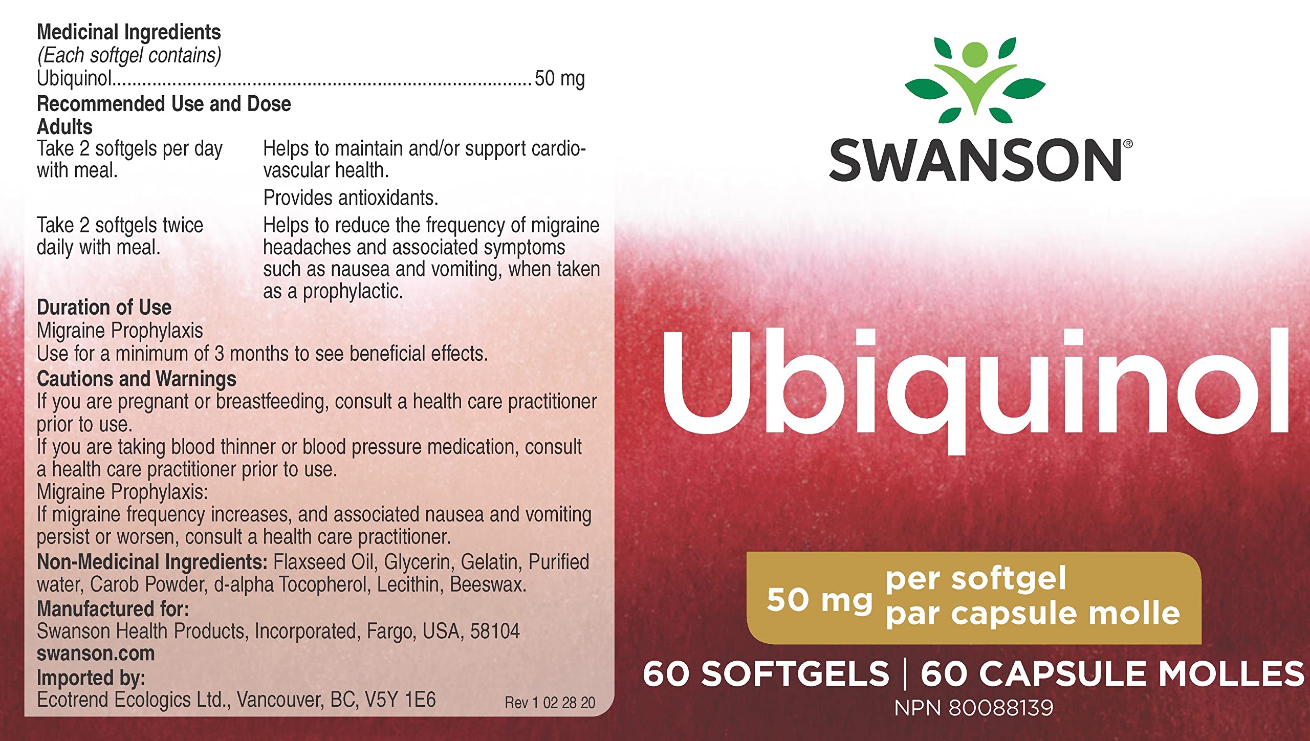 Gélules Swanson ubiquinol 50 mg, vue rapprochée de la couleur des gélules et de leur biodisponibilité.
