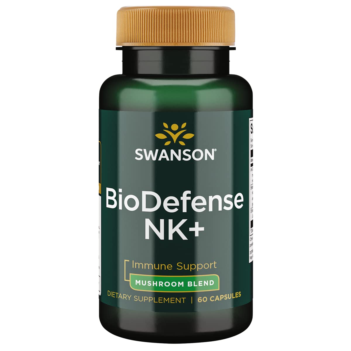 Swanson ULT BIODEFENSE NK+ mélangé de champignons, bouteille visible, soutien immunitaire potentiel.