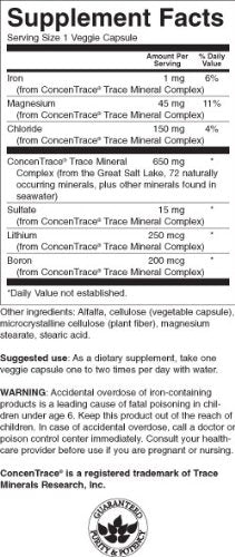 Swanson ULT CONCENTRACE Trace MIN, liste d'ingrédients: formulation ionique riche en minéraux.