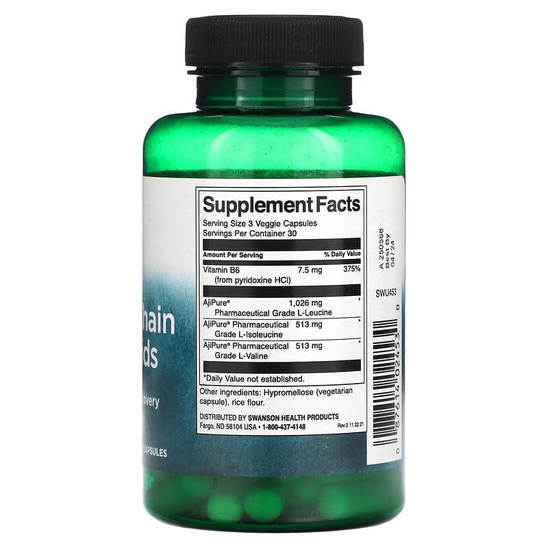 Notice d’utilisation affichée sur l’emballage Swanson ULT Veg BCAA.