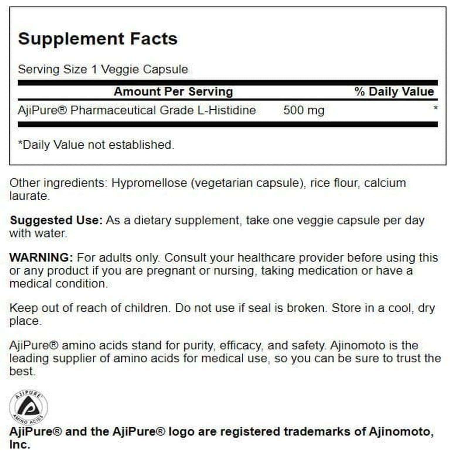 Swanson Ultra L-Histidine Ajipure 500 mg – bouteille 2 paquets, format pratique.