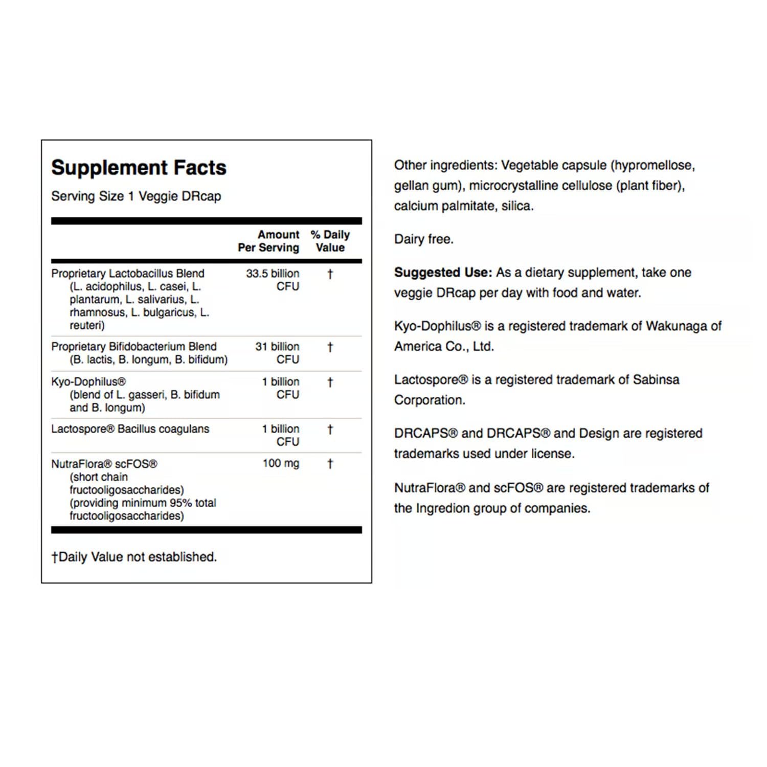 Swanson Ultra Probiotique: etiquette visible, preuve de qualité et de contrôle scientifique.