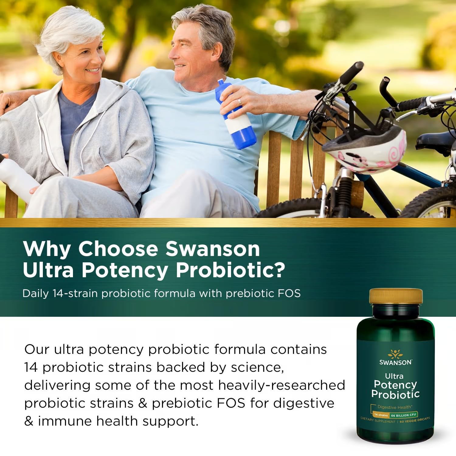 Swanson Ultra Probiotique: prébiotiques NutraFlora et scFOS visibles dans l'image.