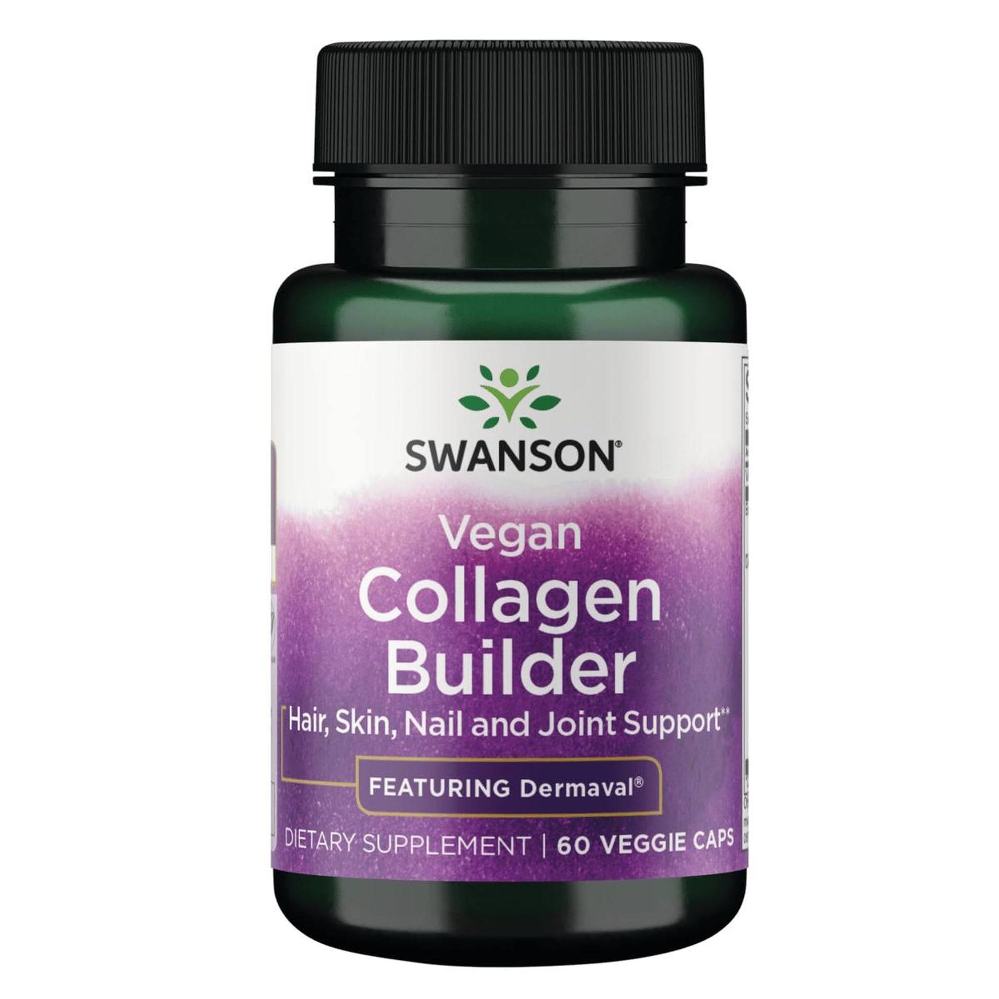 Swanson Collagen Builder végan sur bouteille, soutien potentiel de peau et cheveux.
