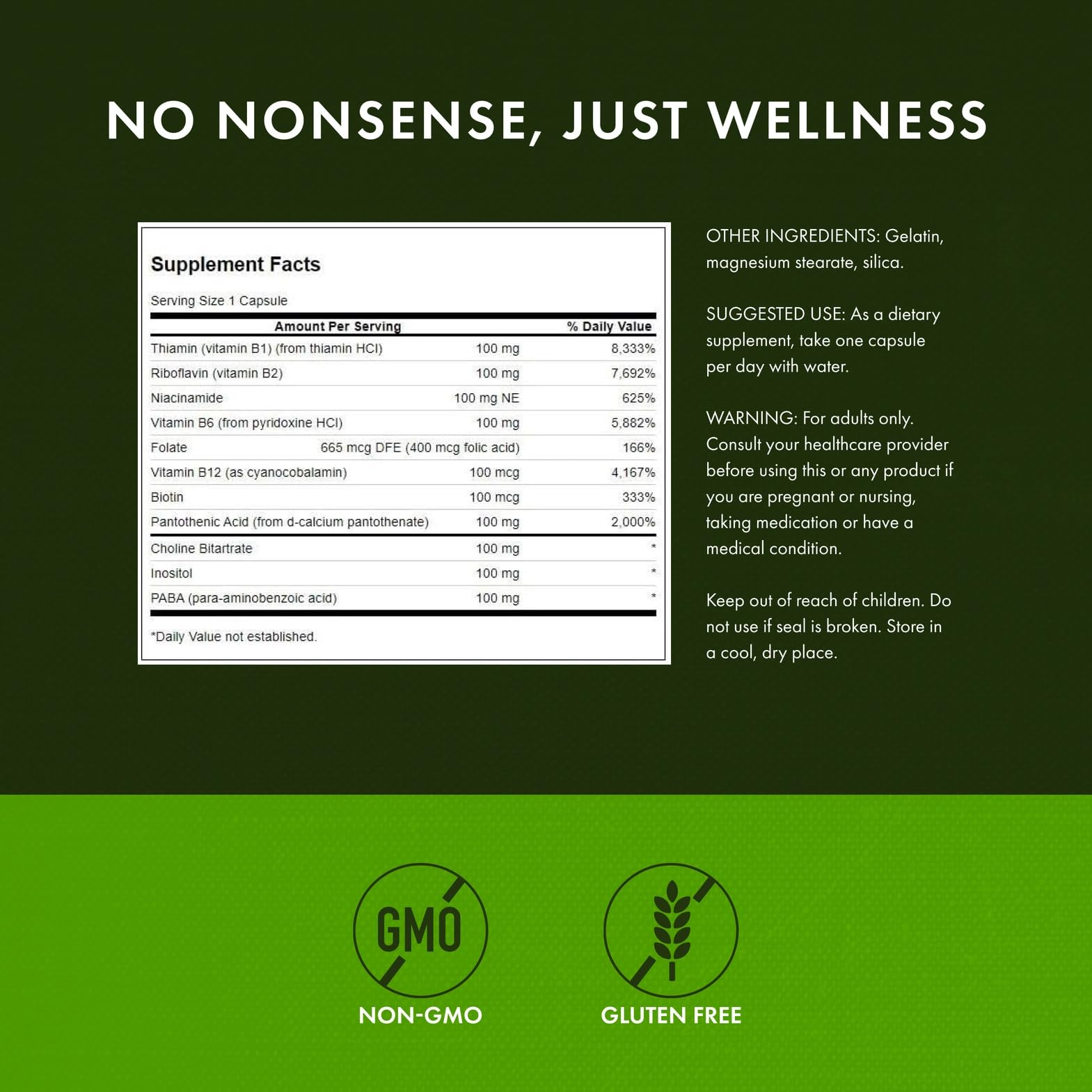 Étiquette Swanson Vitamin B-100 montrant la composition et les engagements qualité.