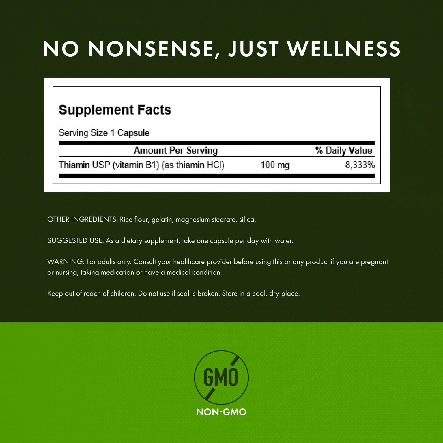 Swanson Vitamine B1 - étiquette claire avec informations de dosage.