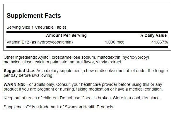 Swanson vitamine B-12 1000 mcg, comprimés à mâcher goût doux, pratique sans eau.