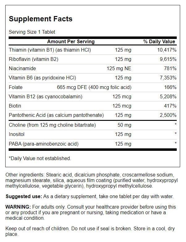 Swanson Vitamine B125 Complexe, etiquette-boîte, soutien au bien-être quotidien.