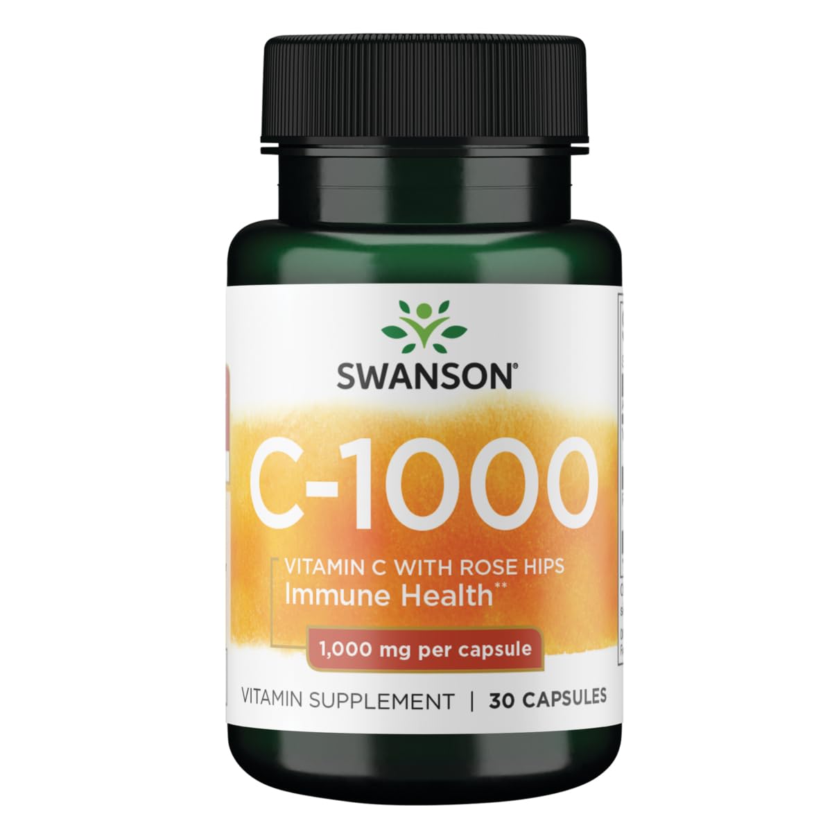 Flacon Swanson vitamine C baies de rosier pour soutenir potentiellement le système immunitaire.