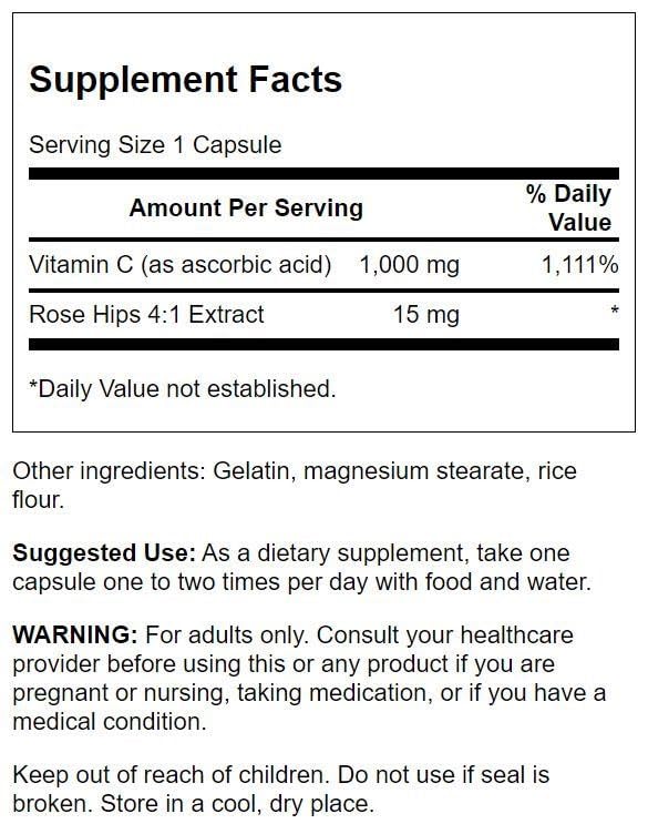 Capsules Swanson vitamine C baies de rosier pour une supplémentation pratique.