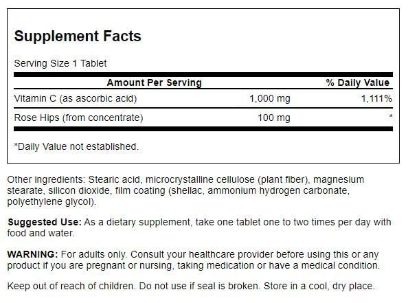 Swanson Vitamine C avec cynorrhodon – étiquette claire avec conseils d'utilisation