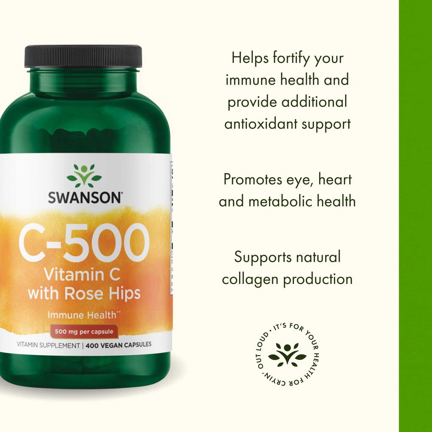 Swanson Vitamine C avec baies d'églantier – dosage quotidien facile à suivre.