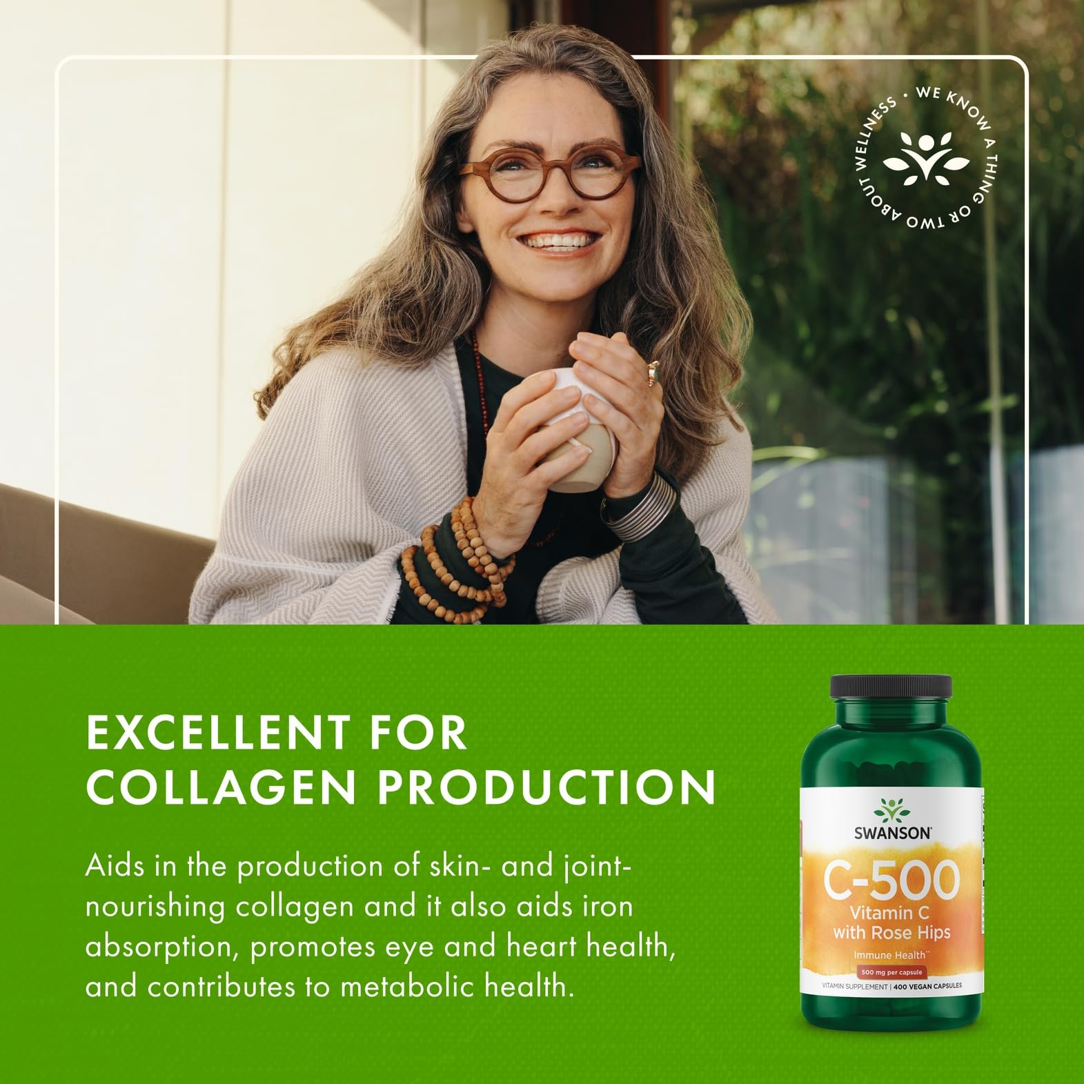 Swanson Vitamine C avec baies d'églantier – emballage recyclable et démarche responsable.