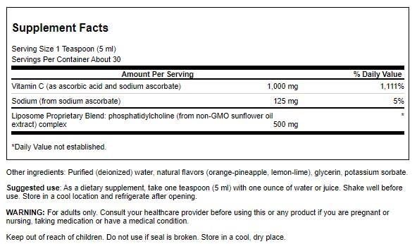 Étiquette Swanson Vitamine C liposomale montrant les ingrédients et l'usage quotidien prévu.