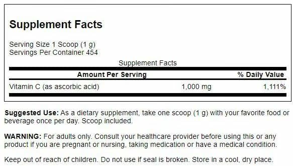 Swanson Vitamine C poudre – dose-cuillère pour dosage précis, usage quotidien.