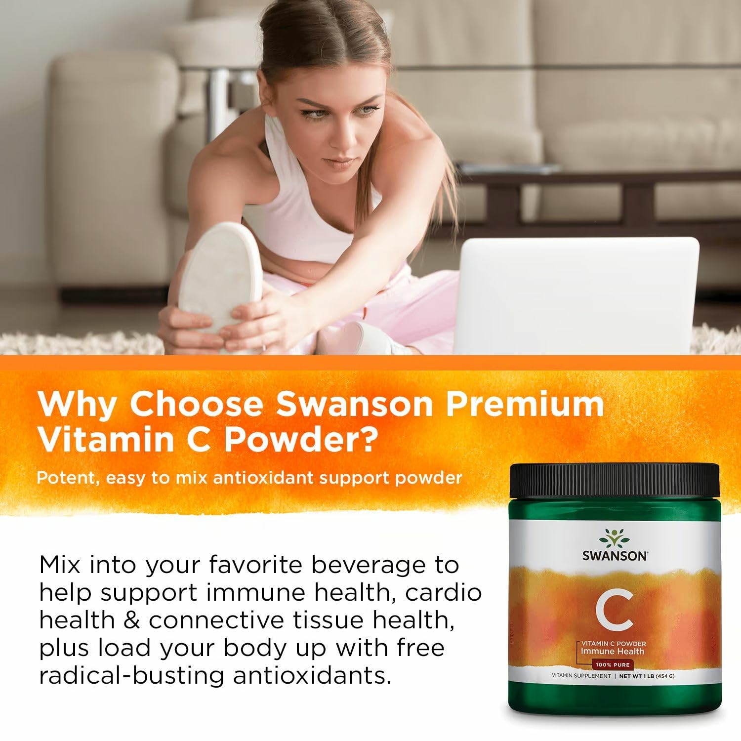 Swanson Vitamine C poudre ascorbique – étiquette claire facilitant l'identification.