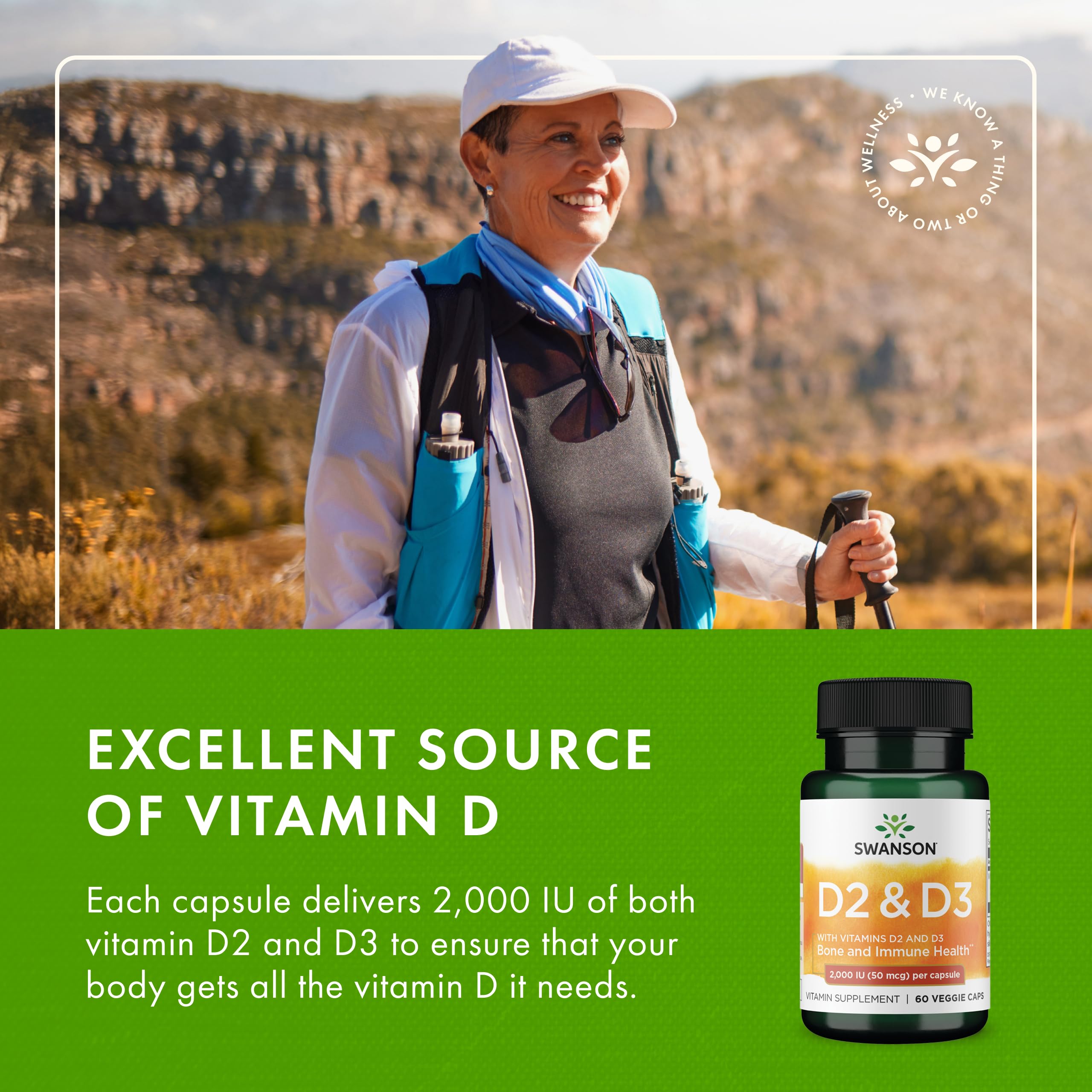Swanson Vitamine D Complex — symboles immunité, mention de soutien potentiellement utile.