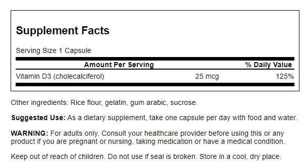 Swanson Vitamine D-3 1000 UI – boîte pratique pour une supplémentation quotidienne et fiable.