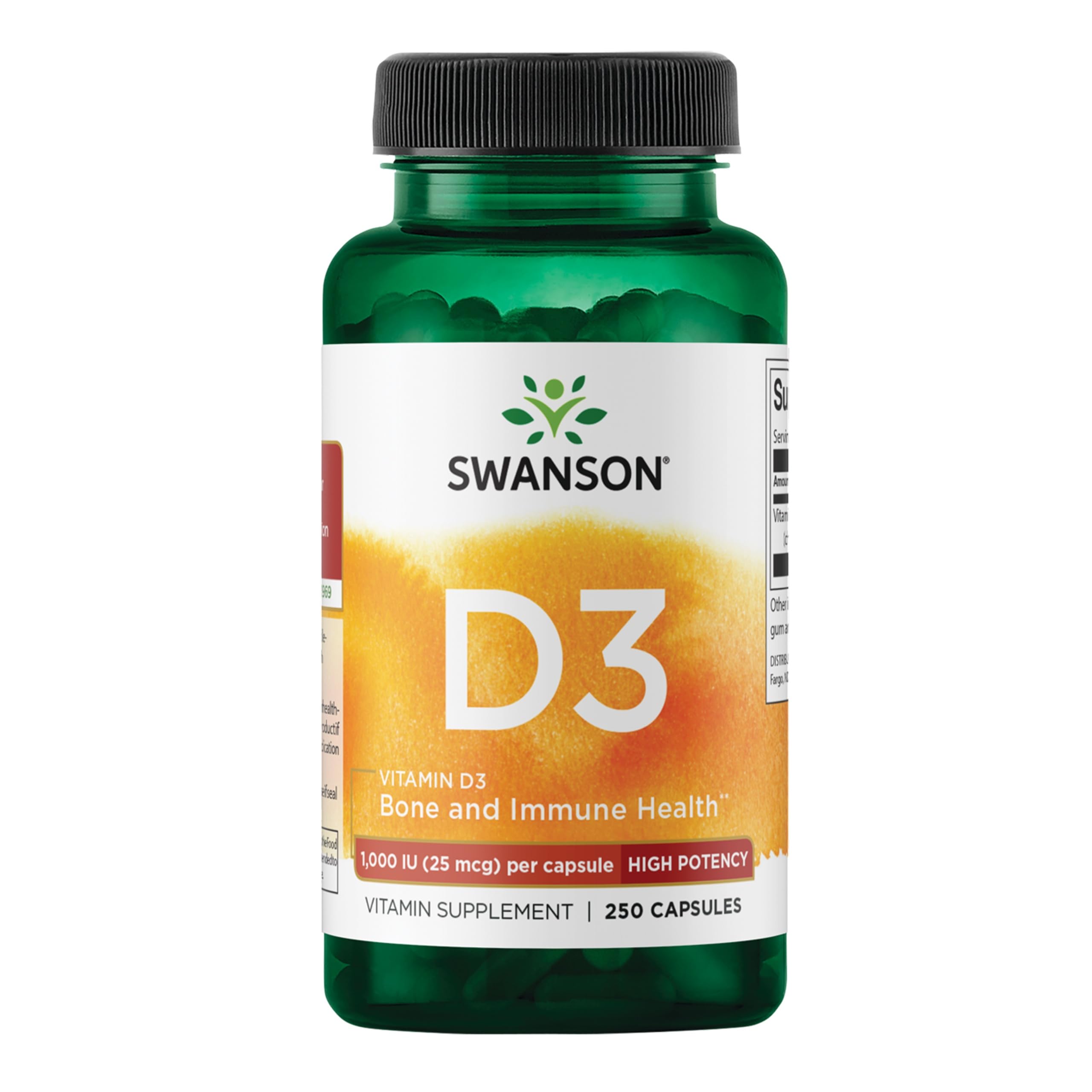 Swanson Vitamine D3 1000 UI, bouteille, soutien des os et du système immunitaire.