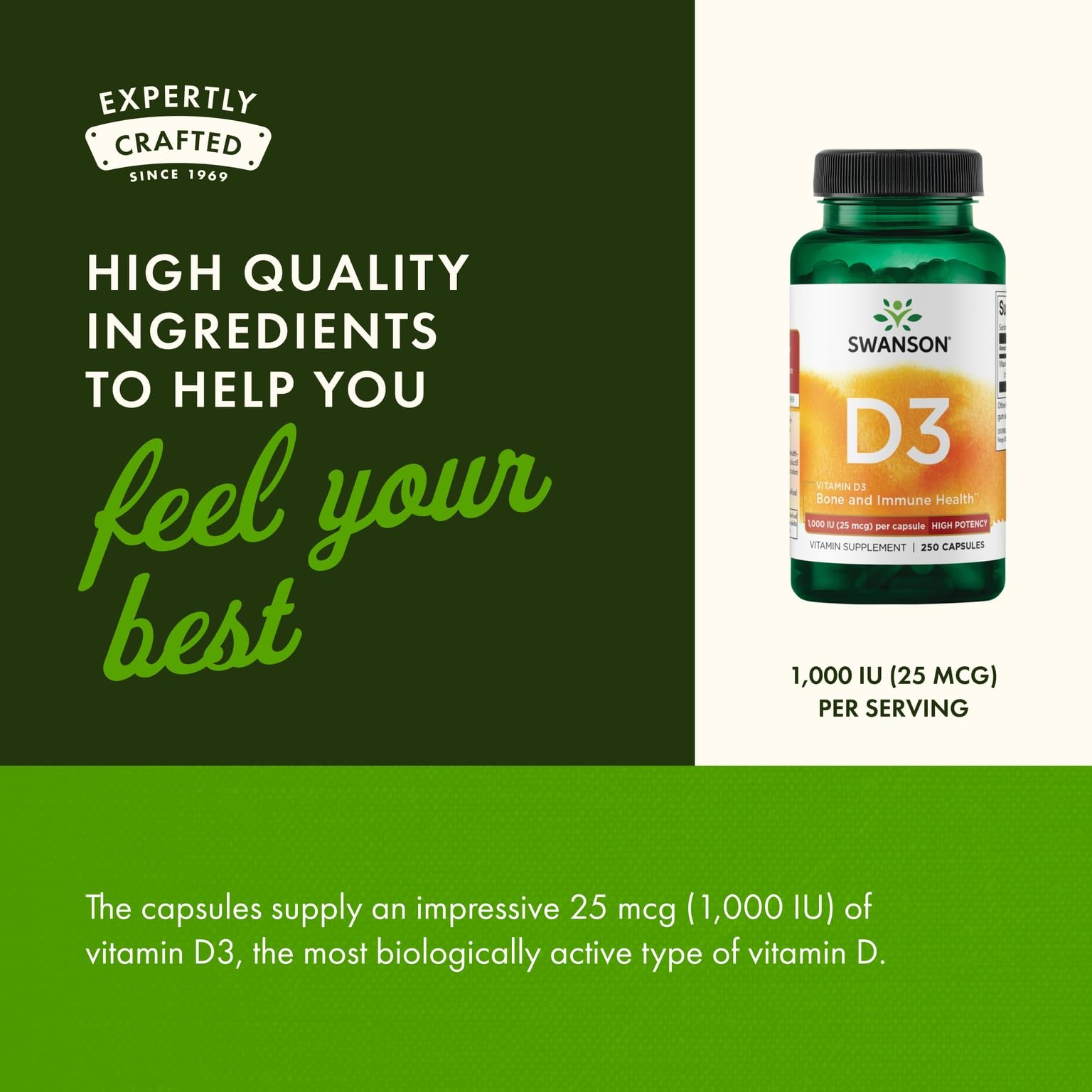 Gélules Swanson Vitamine D3 1000 UI pour dosage quotidien pratique.