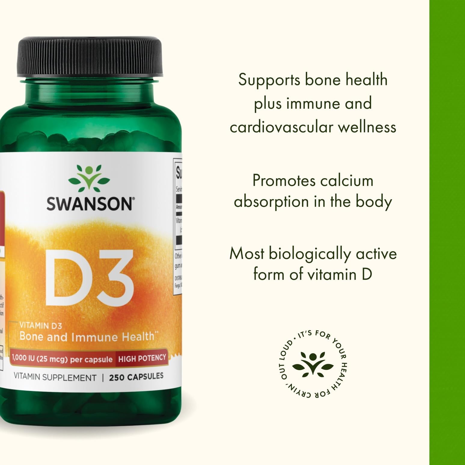 Emballage extérieur Swanson Vitamine D3 1000 UI prêt à l’emploi.
