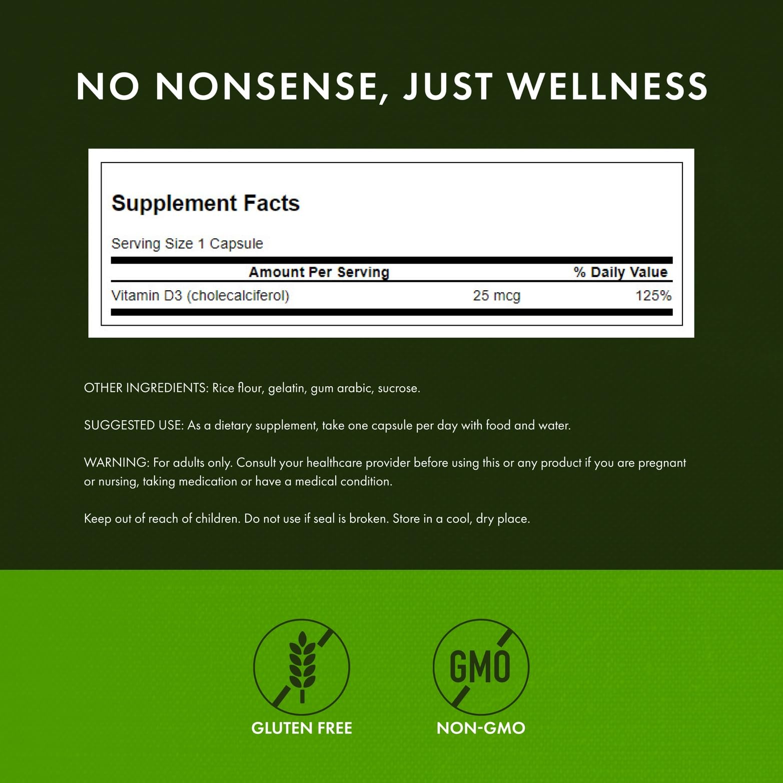Étiquette claire Swanson Vitamine D3 1000 UI et informations de dosage.