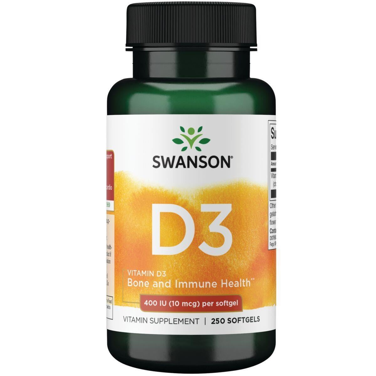 Swanson vitamine D3 400UI capsules molles: soutien osseux et absorption calcium.